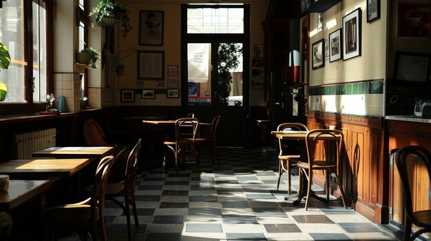 O café vazio exala uma sensação de tranquilidade e solidão. O seu ambiente contrasta com a atmosfera animada que outrora enchia as suas paredes de música e conversa.