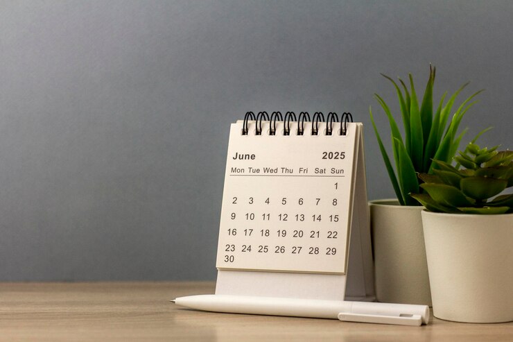 O calendário de planeamento para junho de 2025 está no seu escritório