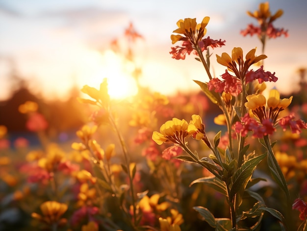 O calor do pôr-do-sol ilumina as flores selvagens coloridas num campo de verão