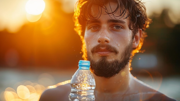 O calor do verão e a desidratação suada Um cara segura uma garrafa de água em um projeto plano