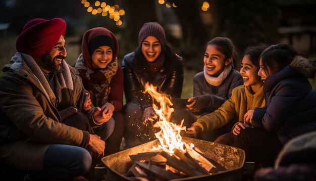 o calor e a alegria de uma família reunida em torno da fogueira de Lohri