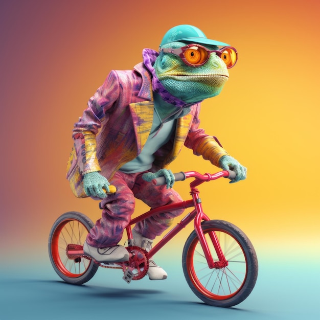 O Camaleão Cool Um adolescente colorido sorrindo e freestyling em uma bicicleta vibrante