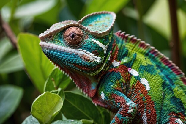 O camaleão vibrante se funde com a folhagem verde