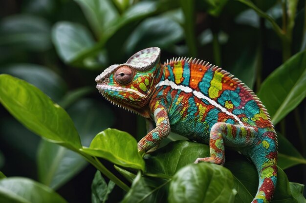 O camaleão vibrante se funde com a folhagem verde