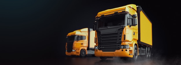 O caminhão está em um fundo preto. Truck 3D render e ilustração.