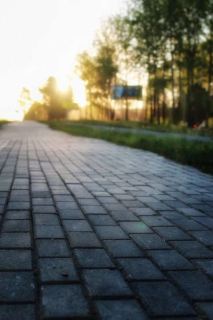 O caminho de pedra de pavimentação cinza vai embora a perspectiva no pôr do sol