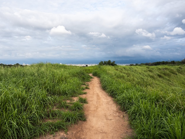 O caminho nas montanhas com vales verdes e céu nublado