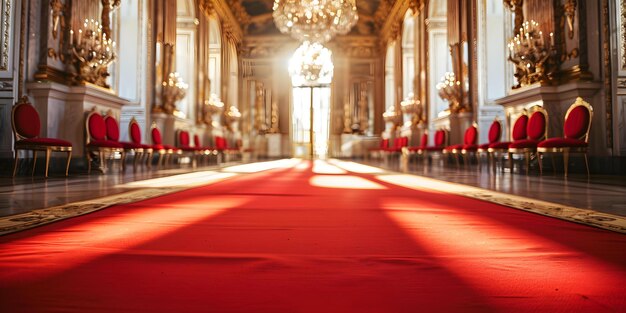 Foto o caminho real um tapete vermelho majestoso leva aos tronos reais em um palácio conceito tapete vermelho entrada palácio dos tronos reiais configuração de vibrações majestosas