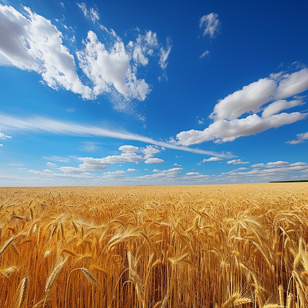 O campo de trigo dourado sob céu azul e nuvens abstraem o fundo gerado pela IA