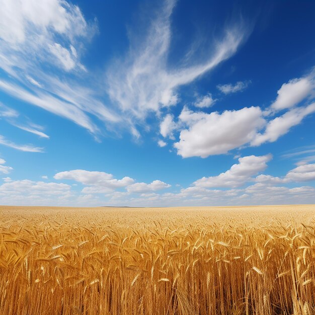 O campo de trigo dourado sob céu azul e nuvens abstraem o fundo gerado pela IA