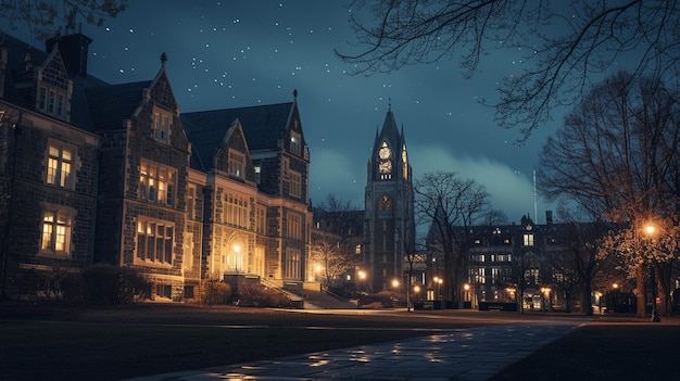 O campus universitário noturno ilumina a cena da paisagem urbana do edifício