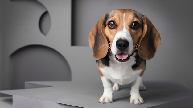 O cão beagle em fundo cinzento