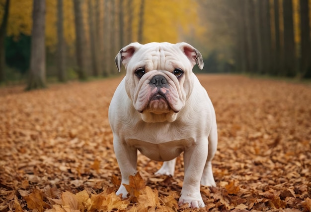 O cão bulldog no parque de outono