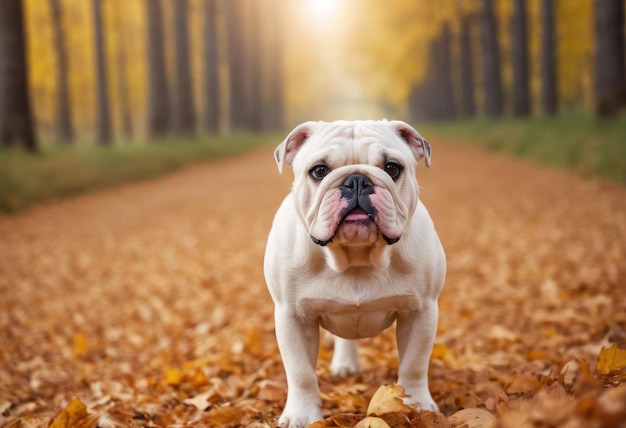 O cão bulldog no parque de outono