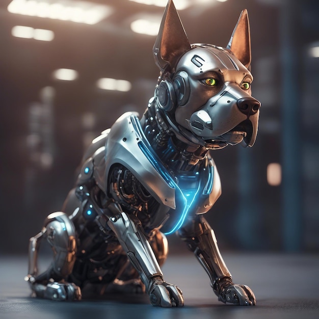 Foto o cão cibernético está em postura de alerta ilustração 3d iluminação cinematográfica