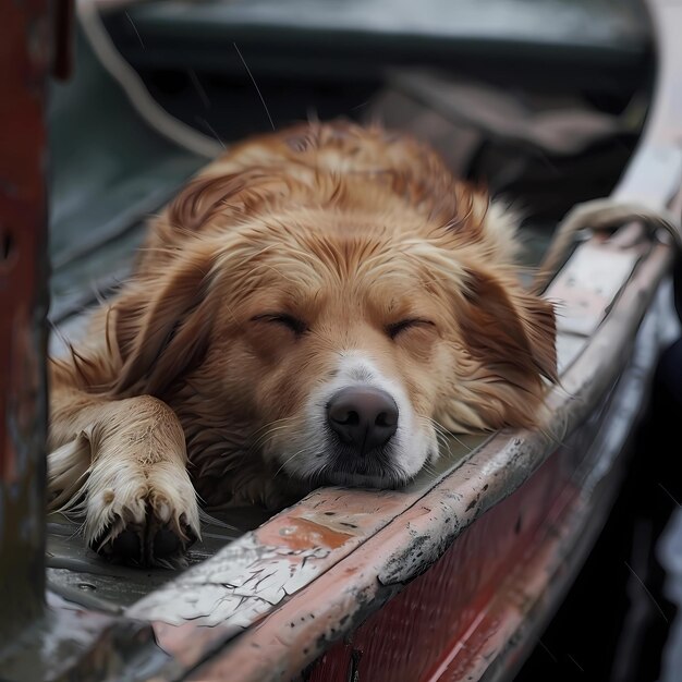 O cão dorme num barco.