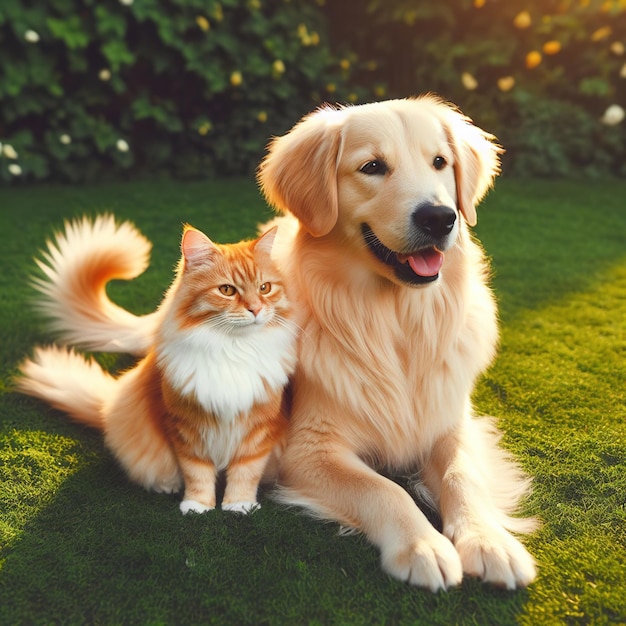 O cão e o gato sentam-se pacificamente juntos no jardim na grama em um dia ensolarado