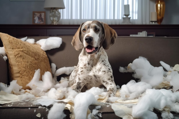 O cão está sentado no sofá na sala de estar pedaços de tecido rasgados saem do sofá que o cão mastigou ai generativo