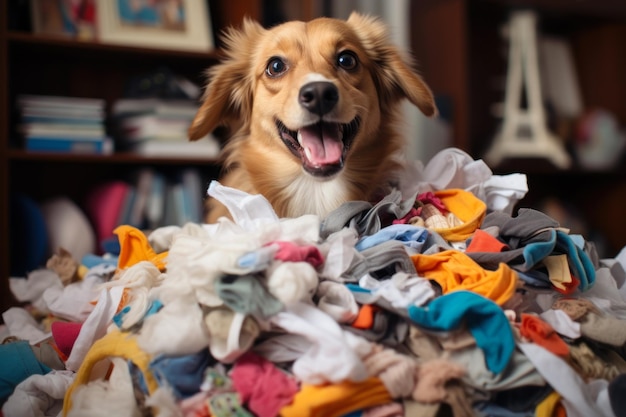 Foto o cão fez uma bagunça na casa.