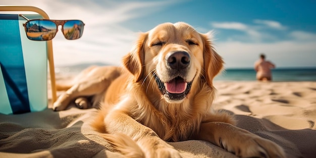 O cão Golden Retriever está de férias de verão em um resort à beira-mar e relaxa na praia de verão do Havaí AI Generative