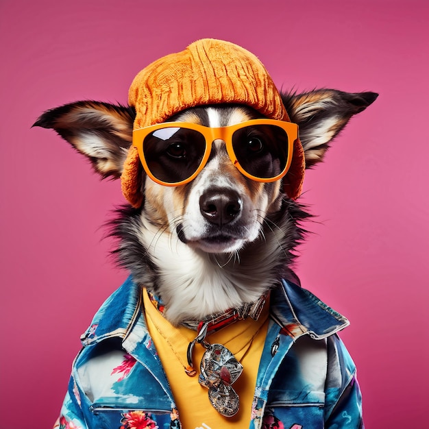 O cão legal vestindo roupas de terno e óculos de fundo moderno Generative Ai