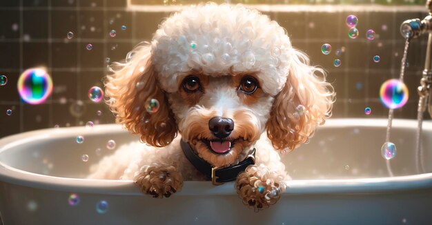 Foto o cão poodle toma um banho com bolhas de sabão e olha para a câmera