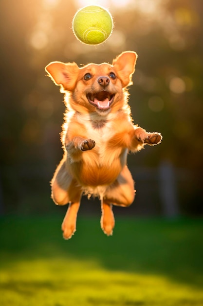 O cão salta felizmente no ar pegando a bola AI gerativa