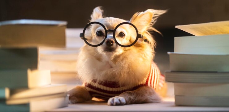 Foto o cão sênior nerd chihuahua usa óculos trabalhando duro com laptop e pilha de livros trabalham em casa animal