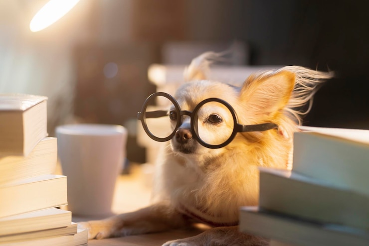 Foto o cão sênior nerd chihuahua usa óculos trabalhando duro com laptop e pilha de livros trabalham em casa animal