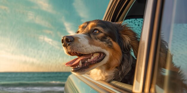 O cão senta-se ao lado da janela do carro durante a velocidade do carro no estilo lúdico e divertido