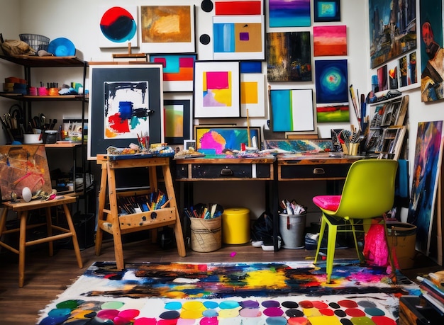 o caos vibrante e criativo de um estúdio de artistas com paletas coloridas pincéis e obras de arte