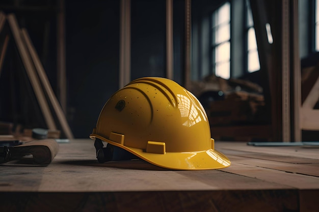 O capacete de um trabalhador da construção no chão de madeira 1