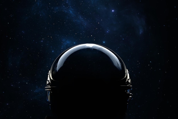 O capacete do astronauta é um reflexo de estrelas e galáxias. Exploração do espaço, um astronauta olha para o espaço. 3d render