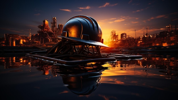 O capacete preto e o smartphone preto são refletidos na água ao pôr-do-sol