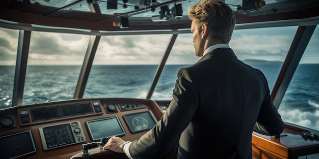 O capitão confiante na ponte do navio examinou o mar calmo