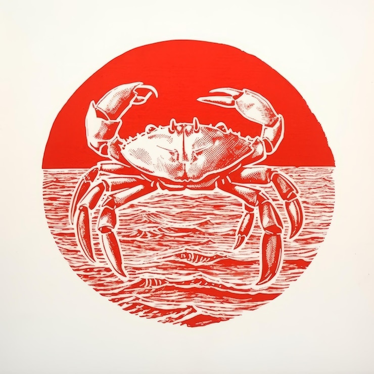 Foto o caranguejo no sol vermelho gravado em linhas e impressões em bloco