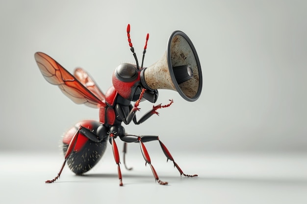 Foto o caráter de uma abelha falando através de um megafone