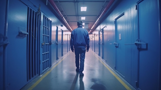 O carcereiro entra na área segura enquanto se move pelo corredor da prisão O guarda da prisão de camisa azul com algemas e bastão evitando o corredor da cadeia GENERAR IA