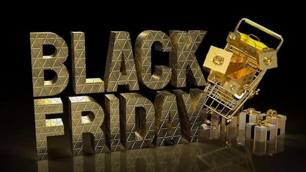 O carrinho de compras de ouro para renderização 3d do conceito Black Friday