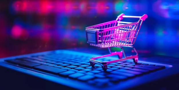 Foto o carrinho de compras fica na ideia do banner do teclado para compras on-line da cyber monday