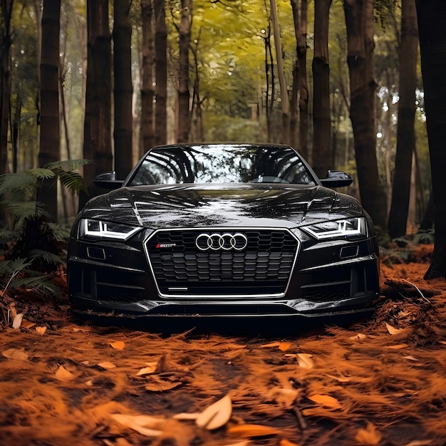 Foto o carro audi está estacionado na floresta de outono