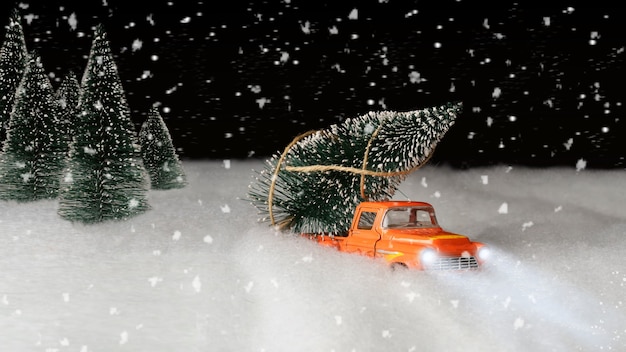 O carro carrega a árvore da floresta à noite. carro na neve. fundo de natal. bandeira