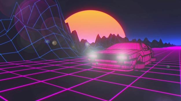 O carro cyberpunk no estilo dos anos 80 se move em uma paisagem virtual de neon. Renderização 3D.