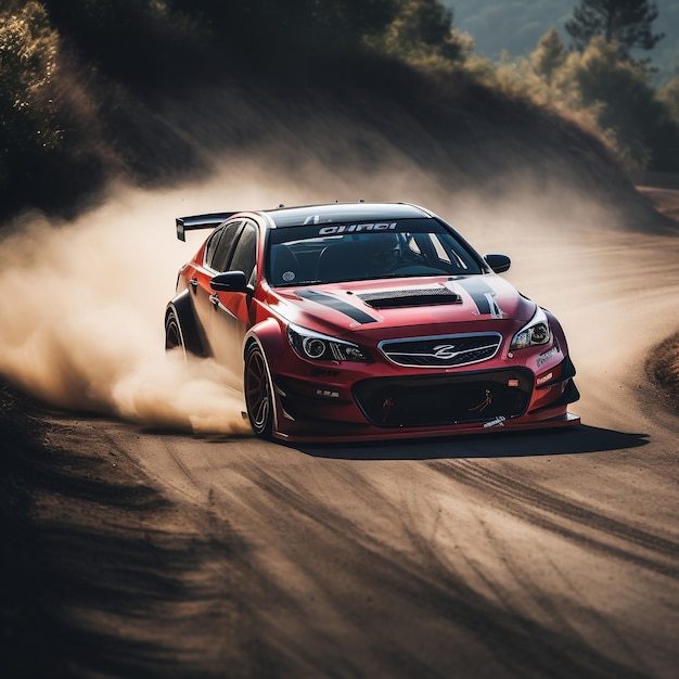 O carro de corrida vermelho faz uma curva com as nuvens e salpicos de areia, cascalho e poeira