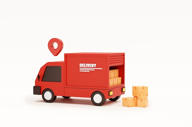 O carro de entrega vermelho entrega expresso e o ponteiro Pin marca o conceito de logística de transporte de entrega em fundo branco ilustração de renderização 3d