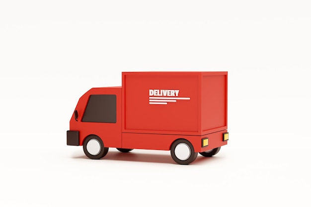 O carro de entrega vermelho entrega o conceito expresso de transporte e transporte de desenhos animados em renderização 3d de fundo branco