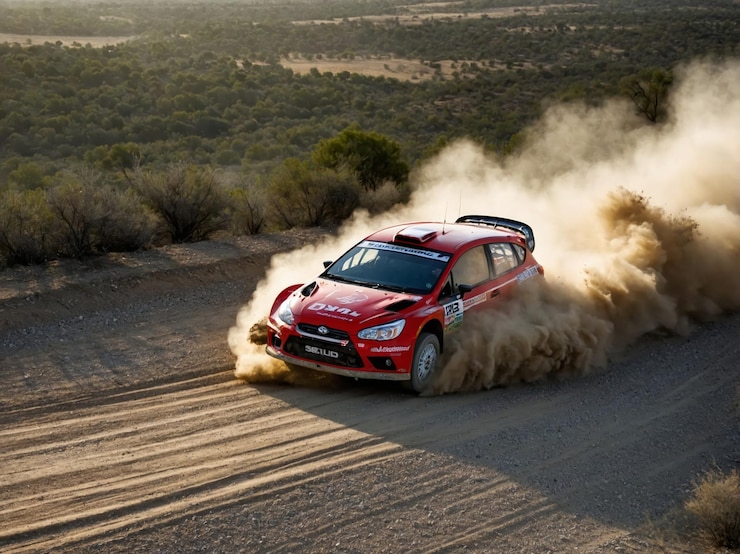 Foto o carro de rali vermelho está a levantar poeira enquanto corre por uma estrada de terra.