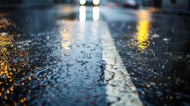 O carro desliza sobre o asfalto molhado refletindo as luzes da cidade na estrada