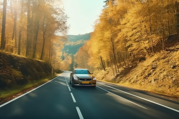 O carro dirige ao longo de uma bela estrada de outono AI