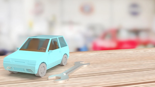 Foto o carro e a ferramenta para garagem ou conceito de serviço de renderização 3d